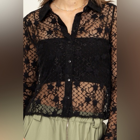 25B. Floral Lace Button Front Blouse - Black - Picture 5 of 7
